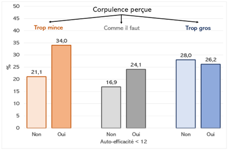 Susceptibilité élevée à la publicité alimentaire selon sentiment d’auto-efficacité par groupe de corpulence perçue