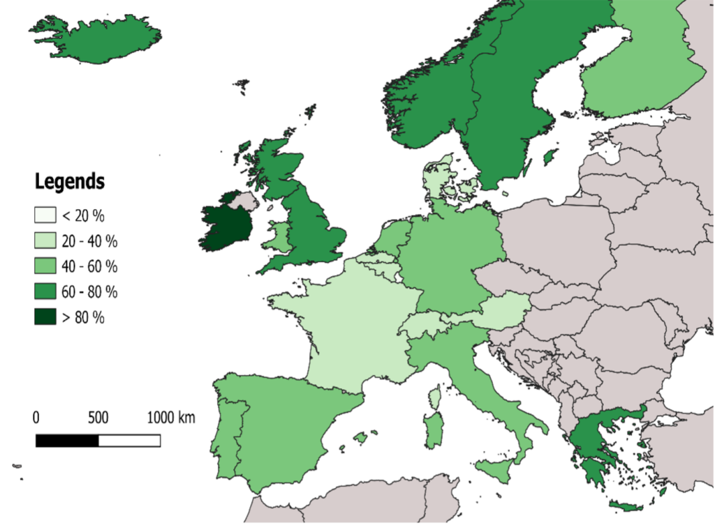 Figure 1. 	Carte de l'Europe montrant les baisses relatives de la proportion de consommateurs journaliers de sodas sucrés entre 2002* et 2018 (les fortes baisses sont en vert plus foncé)